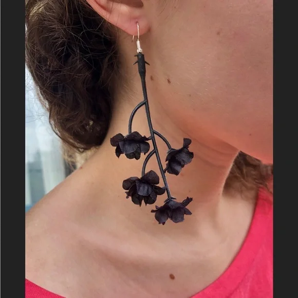 Black Flower Stem Dangle Earrings - Picture 5 of 7